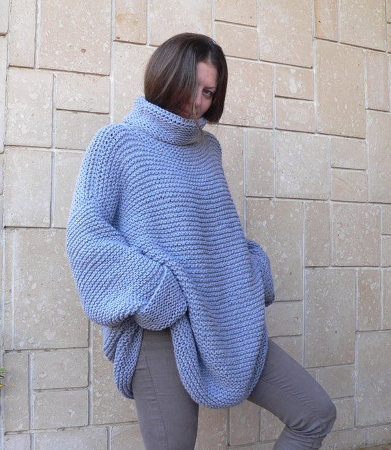 Oversized Chunky Sweater Outfits Hand Knitted Pullover Blue Etsy