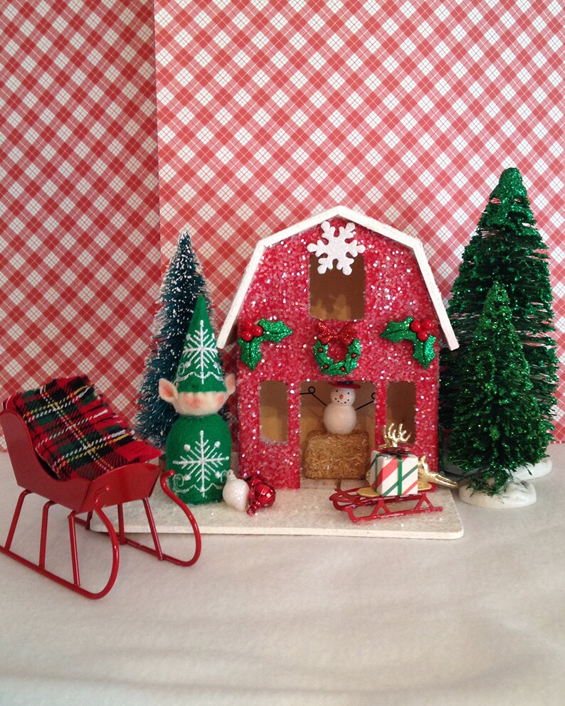 Christmas Decor Christmas Decorations Elf Red Barn Glitter Etsy