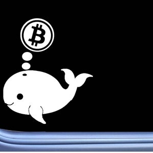 May include: A white whale with a Bitcoin symbol above it, as if the whale is thinking about it. The whale is swimming with a small tail fin and a single bubble trail.