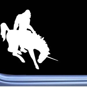 May include: A white silhouette of a person riding a unicorn. The person is sitting on the unicorn's back and holding onto its mane. The unicorn has a horn on its forehead and a long tail.