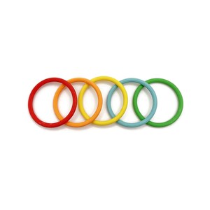 May include: A set of five circular rings arranged in a horizontal row. The rings are coloured red, orange, yellow, light blue, and green. Each ring features a series of fine, parallel ridges running along its outer surface in a consistent pattern.