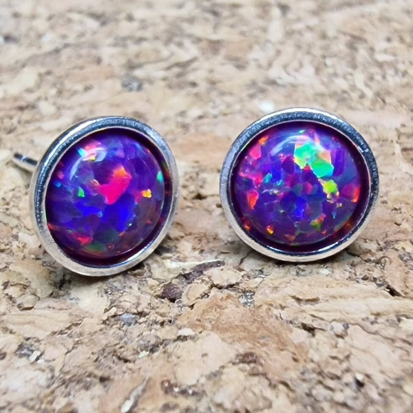 Sterling Silver Round  Lavender Opal Stud Earrings ( 1 Pair)