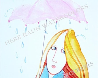 Rain drops keep falling on my head, watercolor, umbrella day