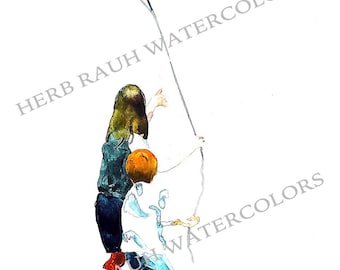 May include: Watercolor painting of two children flying a kite. The kite is a mix of pink and purple. The children are wearing blue, green, and orange clothing. The text "HERB RAUH WATERCOLORS" is visible.