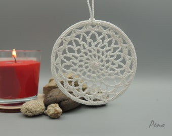 Weißer gehäkelter Traumfänger, Traumfänger, Mandala, Wanddeko, Sommerdeko