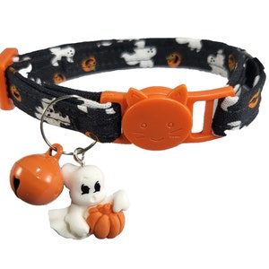 Halloween Cat Collar Breakaway With A Ghost  Pumpkin Charm And Orange Bell