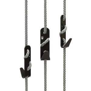 Design coat hooks THE ROPEHOOKS Black hooks on grey rope ceiling mount