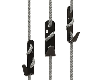 Design coat hooks THE ROPEHOOKS Black hooks on grey rope ceiling mount