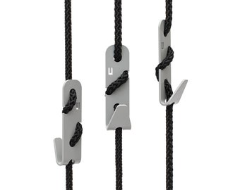 Design coat hooks THE ROPEHOOKS Grey hooks on black rope ceiling mount