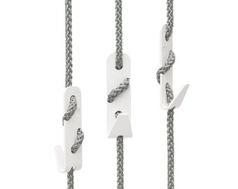 Design coat hooks THE ROPEHOOKS White hooks on grey rope ceiling mount