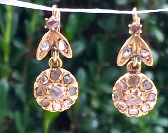 Antique Victorian 14K yellow gold drop earrings with rose cut diamonds