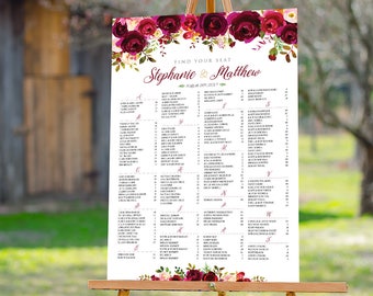 Burgundy Wedding Seating Chart, Wedding seating chart, Wedding seating chart alphabetical, Wedding Seating chart, Wedding decorations