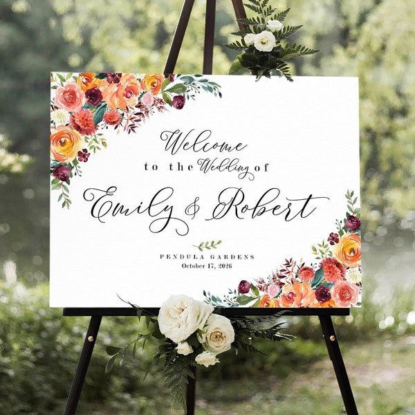 Wedding welcome Sign, Fall Wedding Sign, Rustic Wedding Sign, Coral Burgundy Wedding, Welcome Sign, Fall wedding decorations, Autumn sign