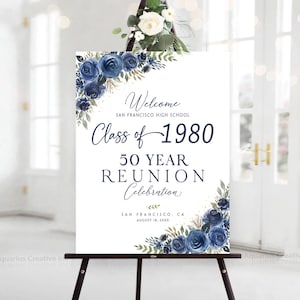 Reunion welcome sign, Class reunion welcome sign, 50th class reunion, 50 year high school reunion, Navy Blue Reunion Party Decoration