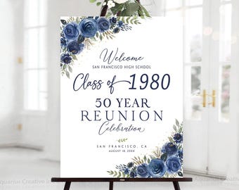 Reunion welcome sign, Class reunion welcome sign, 50th class reunion, 50 year high school reunion, Navy Blue Reunion Party Decoration
