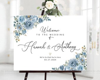Panneau de bienvenue de mariage, mariage bleu poussiéreux, panneaux de mariage, décoration de mariage bleu poussiéreux, faire-part de mariage, enseigne de répétition, mariage poussiéreux