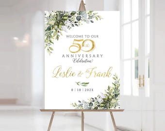 50th Anniversary sign, 50th Anniversary Poster, Greenery gold decorations, 50th Welcome Sign, 50th Anniversary invitation, Anniversary Signs