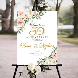 Cartel del 50 aniversario, decoraciones de rosas rubor, signo de bienvenida del 50, invitación del 50 aniversario, signo del 50 aniversario, signos de aniversario