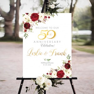 Cartel del 50 aniversario, decoración roja y blanca, pancarta del 50 aniversario, invitación del 50 aniversario, letrero de oro del 50, letrero de bienvenida del aniversario