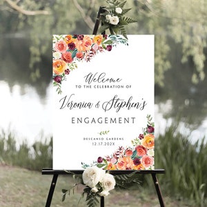 Signo de bienvenida de compromiso, signo de fiesta de compromiso, decoración de compromiso de naranja quemado, signo de Marsala Borgoña, signo de bienvenida de boda, signos de otoño