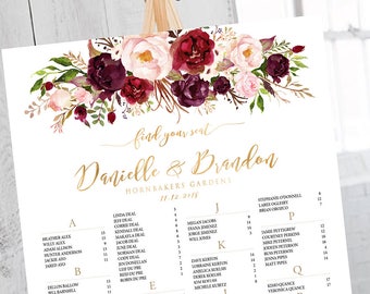 Burgundy, Marsala, Wedding Seating Chart, Burgundy Floral Wedding Seating Chart, wedding seating chart alphabetical, seating chart sign