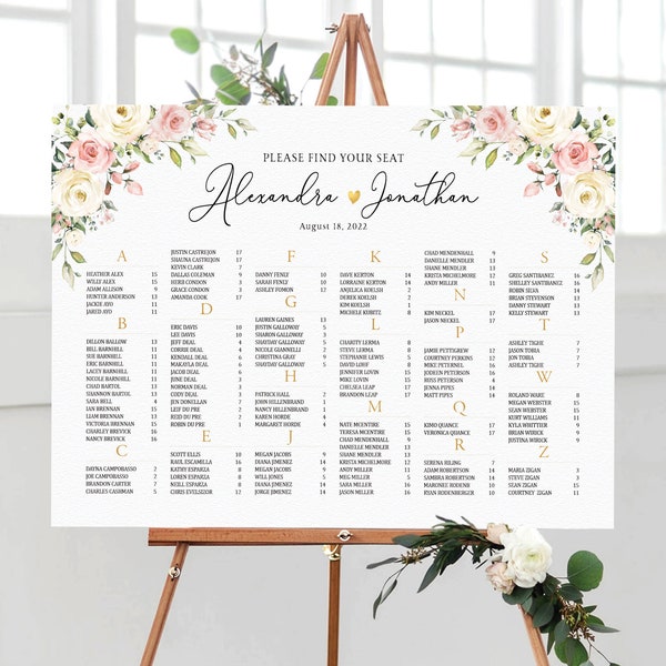 Wedding Seating Chart, Floral Seating chart, Wedding seating chart alphabetical, Seating Chart Poster, Wedding Welcome sign, Guests Tables