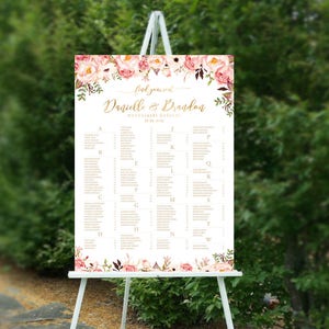 Rush 12 heures, plan de salle de mariage, plan de salle de mariage par ordre alphabétique, affiche de plan de salle, plan de salle de mariage floral, plan de salle