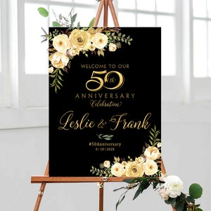 Cartel del 50 aniversario, decoraciones en negro y oro, cartel de bienvenida del 50, invitación del 50 aniversario, cartel del 50 aniversario, cartel IMPRIMIBLE