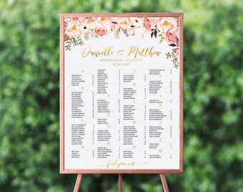 Seating chart wedding, Wedding Seating Chart, Wedding seating chart alphabetical, Seating Chart Template, Blush pink gold, Seating chart