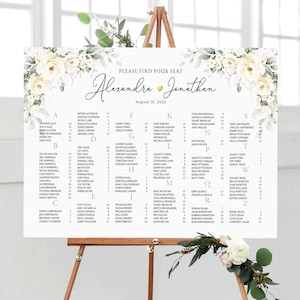 Tabla de asientos de boda, Boda blanca, Tabla de asientos blancos alfabéticamente, Cartel de tabla de asientos, Tabla de asientos de boda floral, Mesas de invitados