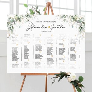Tabla de asientos de boda Greenery, Tabla de asientos de boda alfabéticamente, Póster de tabla de asientos, Tabla de asientos imprimible, Mesas de invitados