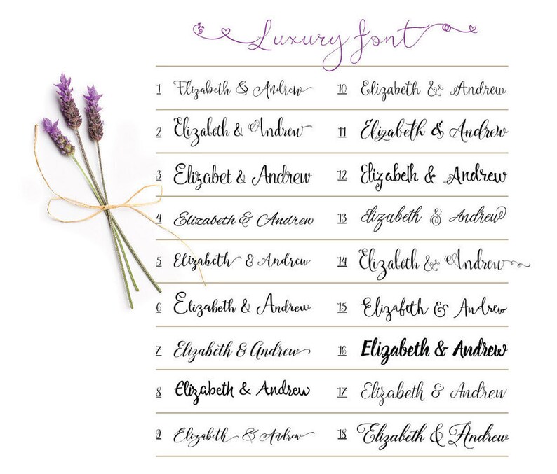 May include: A white background with a lavender sprig and 18 examples of the text "Elizabeth & Andrew" written in different cursive fonts.