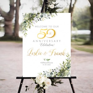 50th Anniversary Poster, Greenery gold decorations, 50th Welcome Sign, 50th Anniversary invitation, 50th Anniversary sign, Anniversary Signs