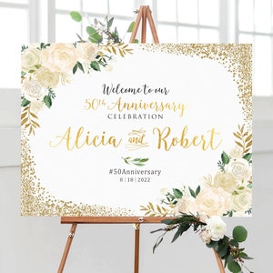 Cartel del 50 aniversario, signo del 50 aniversario, decoración del 50 aniversario, signo de boda de oro, signo de compromiso, signo de bienvenida de la boda, signos