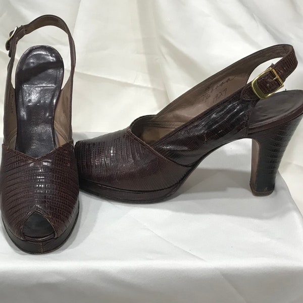 True Vintage 1940’s Reptile Skin Sling Back Peep-Toe Heels