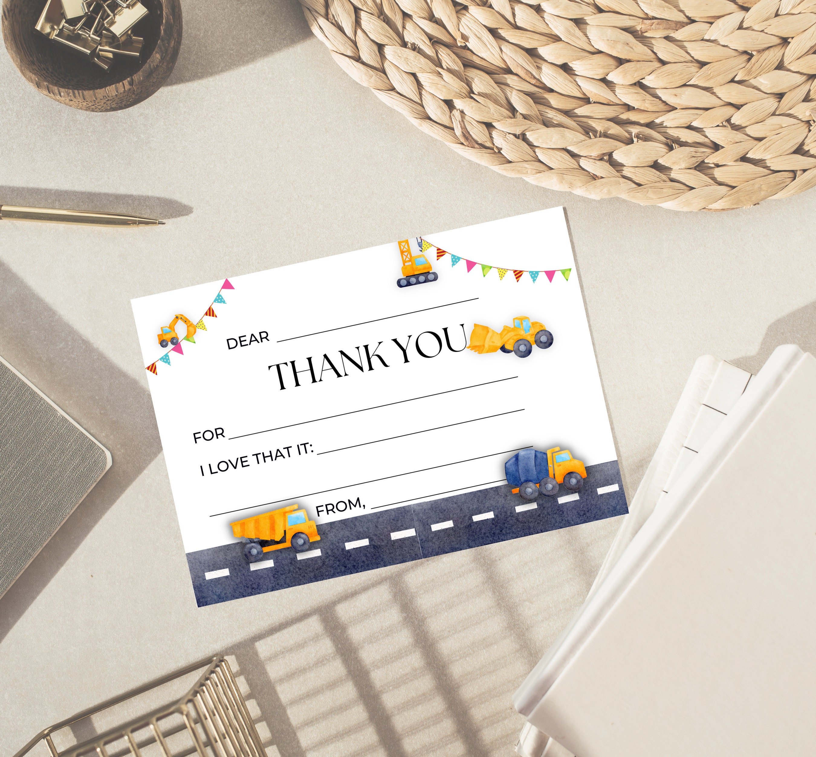 Construction Birthday Thank You, Construction Thank You Card, Printable ...