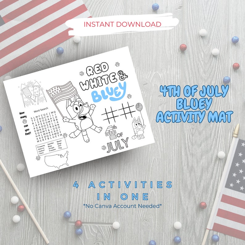 4th of July Coloring Pages Bluey Party Favors Activity Mat - Etsy