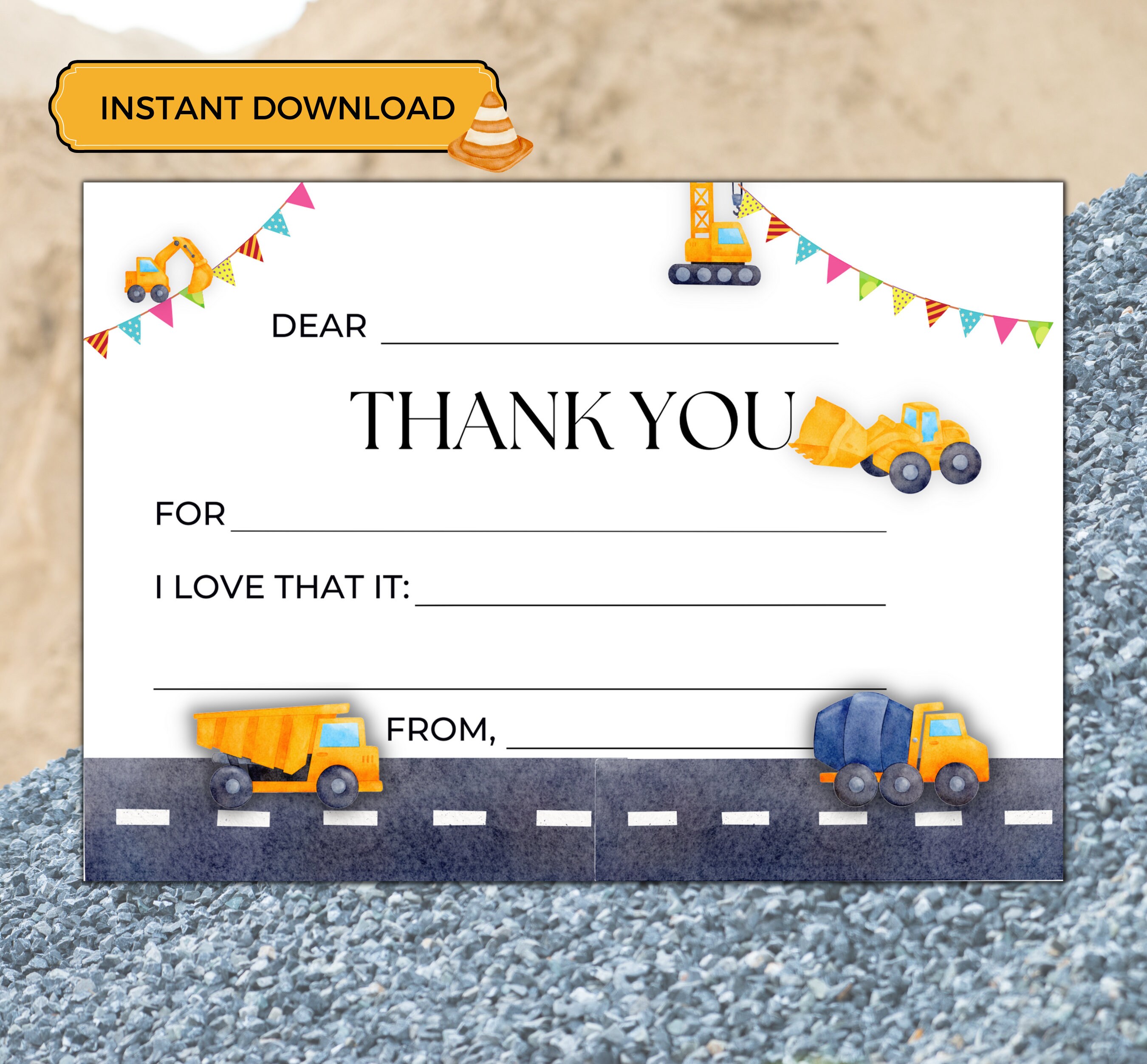 Construction Birthday Thank You, Construction Thank You Card, Printable ...