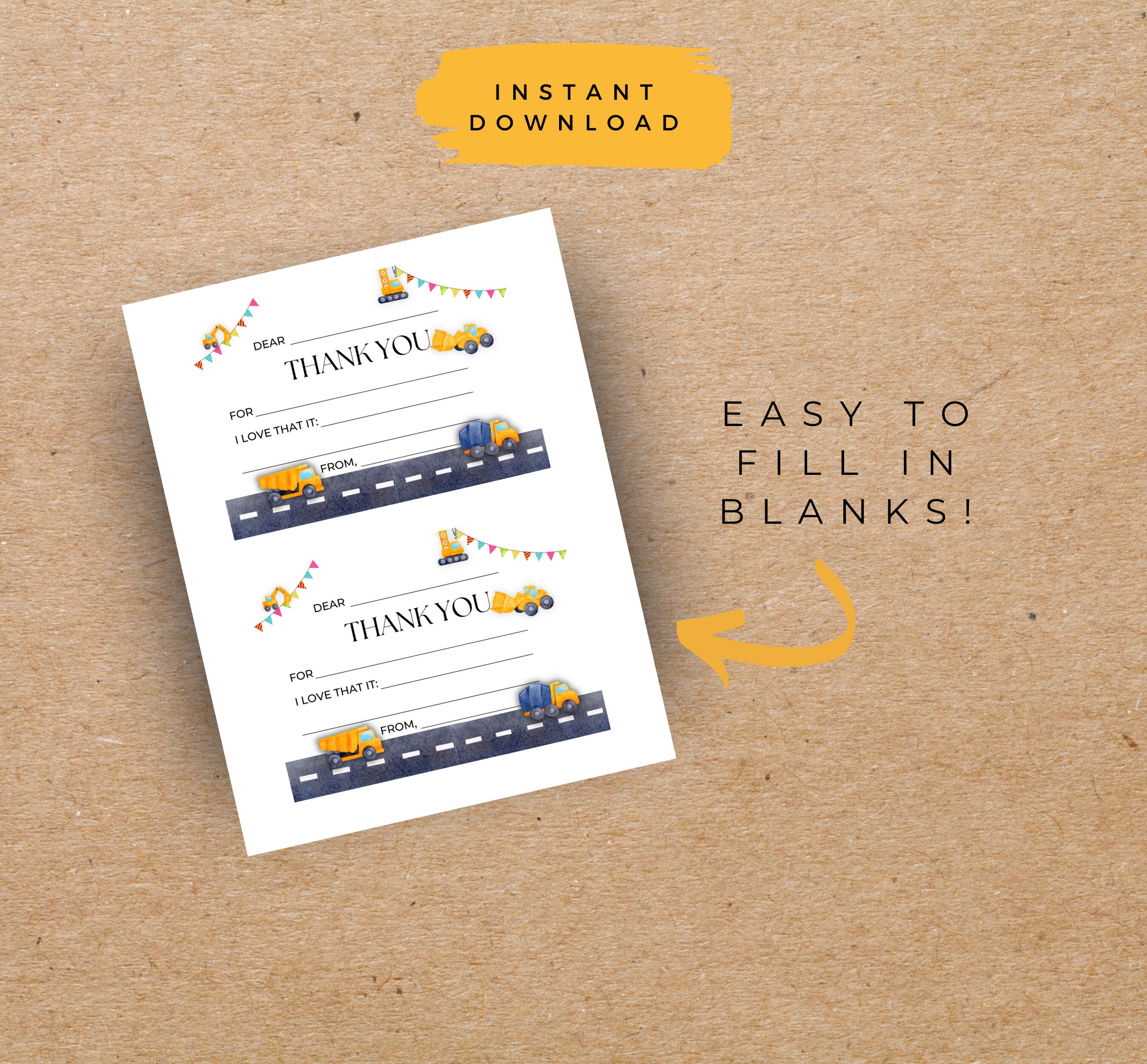Construction Birthday Thank You, Construction Thank You Card, Printable ...