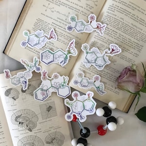 Puede incluir: Pegatinas coloridas que muestran la estructura química de la glicina, un aminoácido no esencial, con detalles florales. Las pegatinas están sobre un libro con texto sobre las propiedades de la glicina.
