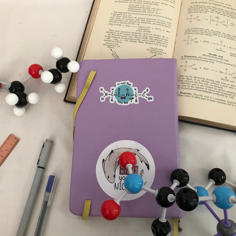 May include: A purple notebook with a sticker of a cartoon character wearing a bow tie and the text "The women's blend" and a sticker of a cartoon fish with the text "Be if you're nice". There is a molecular model of a molecule with black, white, and red spheres on the notebook.
