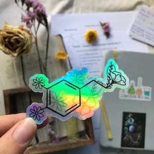 Adhesivo holográfico de vinilo de dopamina, químico de recompensa, químico feliz, adhesivo de flor arcoíris