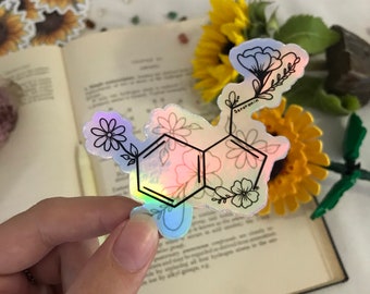 Holographic serotonin sticker | happy chemical | floral chemistry stickers