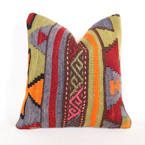 Turkish Kilim Pillow Cover Kilim Pillow Case Anatolian Pillow 40x40 Strip Pillow Cushion Cover , Hand Woven Pillow ,Decorative Pillow27*