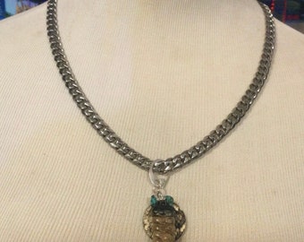 N300-Rattlesnake Rattle, rattlesnake leather and turquoise pendant necklace on Stainless Curb chain