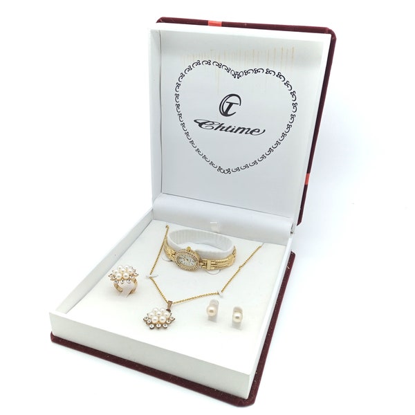 Coffret parure complète Fantaisie en platine  Collier/Bague/Boucles d'oreilles/Montre - vintage - idée cadeau à petit prix / petit budget