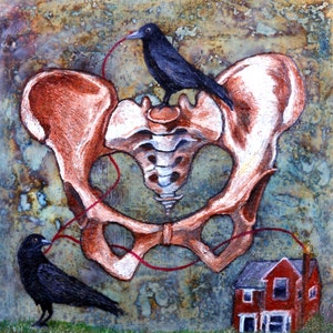 May include: An artistic painting featuring a human pelvis bone in shades of brown and white, with two black crows and a red house. The crows are connected to the pelvis with a red string. The background has a mottled, textured appearance.