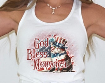 Patriotic God Bless Meowica Cat 4th of July T-Shirt Mug Sublimation Design, Instant Digital Download