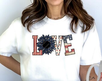 Patriotic Sunflower Love 4th of July T-Shirt Mug Sublimation Design, Instant Digital Download