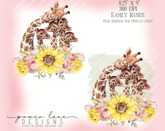 Giraffe Giraffes - Mother and 4 Babies - Nursery - Mother's Day - Pink Roses Sunflowers - PNG - Digital Download -Sublimation Design